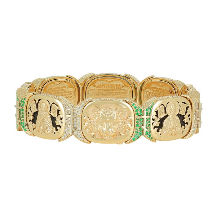 Уникальный золотой мужской браслет с православной символикой украшенный бриллиантами, сапфирами, изумрудами