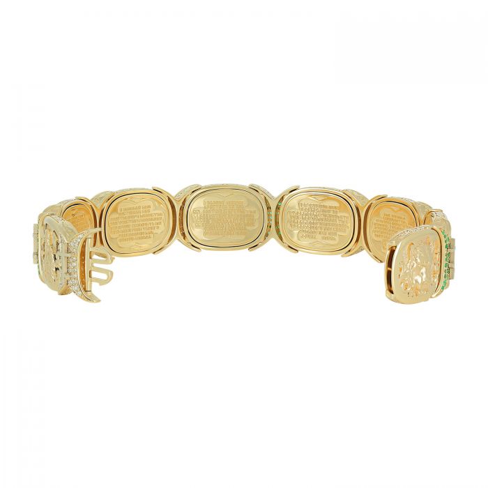 Уникальный золотой мужской браслет с православной символикой украшенный бриллиантами, сапфирами, изумрудами
