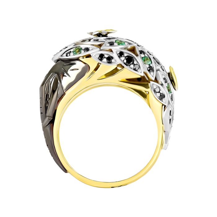 Кольцо «Слон» из комбинированного золота с изумрудами и черными бриллиантами