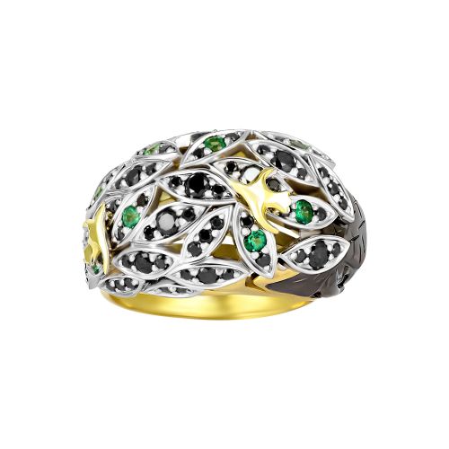Кольцо «Слон» из комбинированного золота с изумрудами и черными бриллиантами