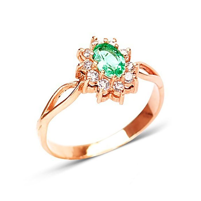 Золотое кольцо с изумрудом огранки овал и бриллиантами К-48