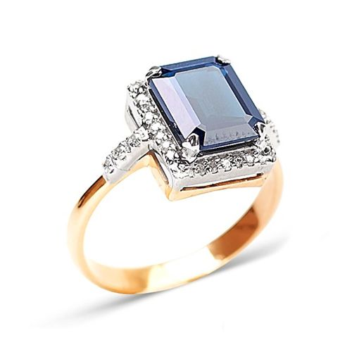 Золотое кольцо с синим сапфиром и бриллиантами К-44