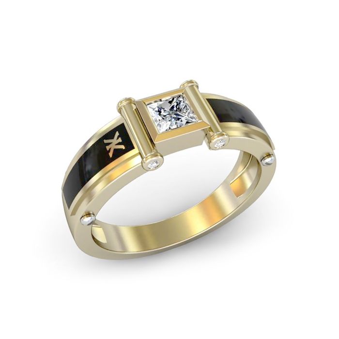 Золотое кольцо с квадратным бриллиантом по центру с черной эмалью