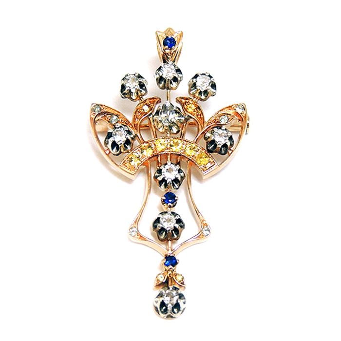 Золотая брошь-подвеска с топазами и сапфирами