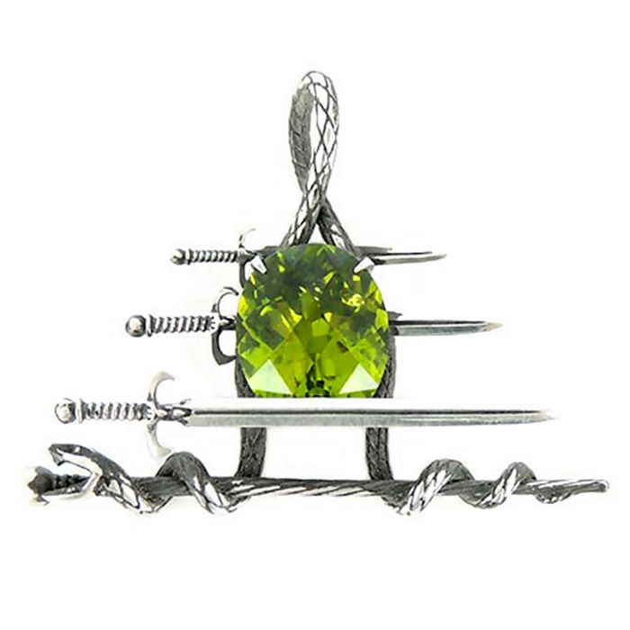 Серебряная подвеска «Посох Асклепия» с натуральным хризолитом