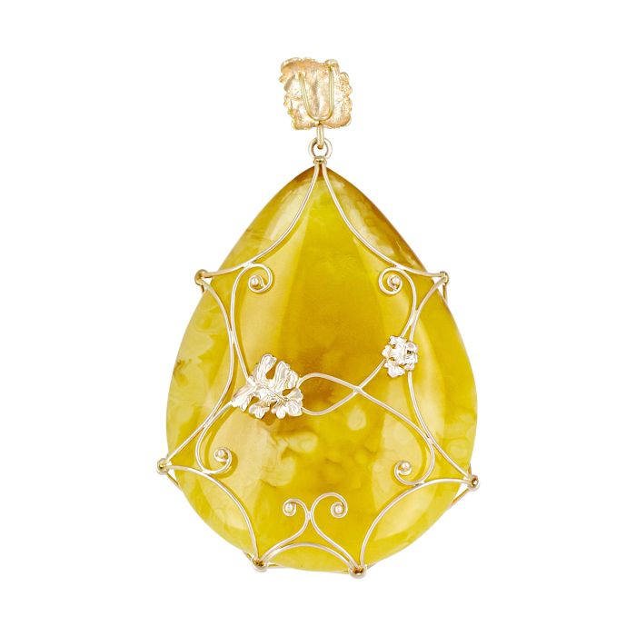 Золотой кулон с янтарем в виде капли
