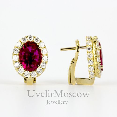 Золотые серьги с бриллиантами и овальными рубинами 