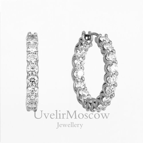 Серьги-конго из белого золота с бриллиантовой дорожкой