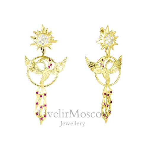 Золотые серьги «Феникс» с бриллиантами и рубинами