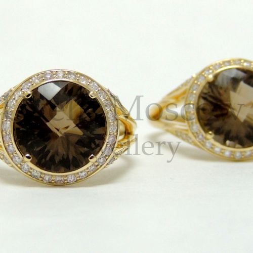 Кольцо из желтого золота с раухтопазом и бриллиантами