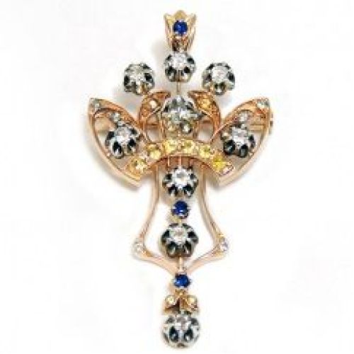 Брошь-подвеска из красного золота с цветными сапфирами и топазами