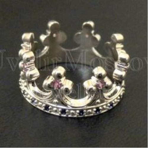 Кольцо-корона из белого золота с рубинами и сапфирами