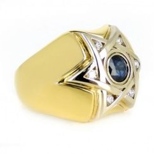 Мужской перстень из комбинированного золота с сапфиром и бриллиантами «Звезда Давида»