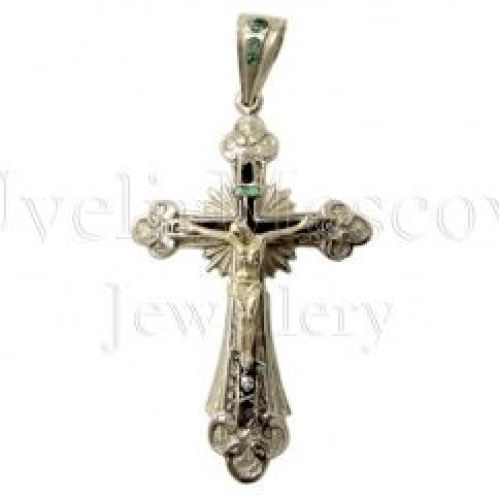 Нательный серебряный крестик с изумрудами