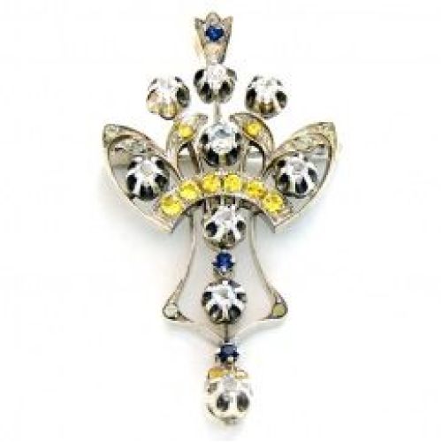 Серебряная брошь-подвеска с цветными сапфирами и топазами