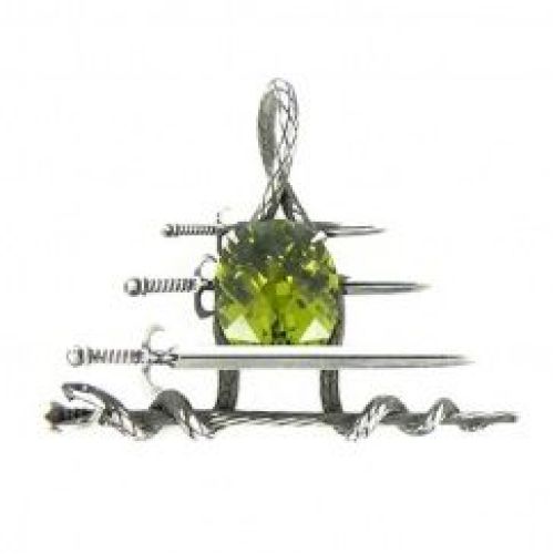 Серебряная подвеска в виде символа «Посох Асклепия» с натуральным хризолитом