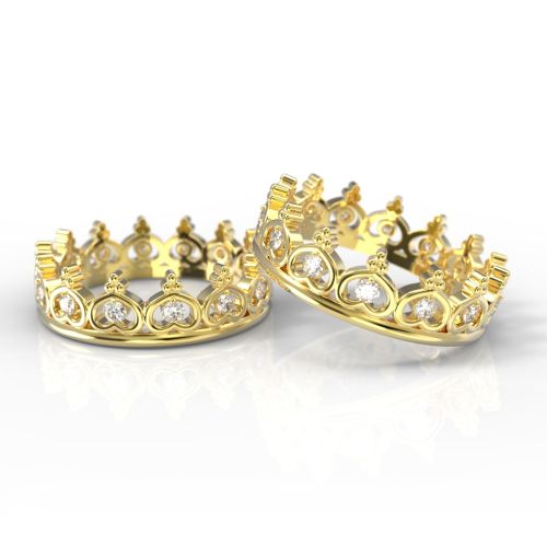 Парные обручальные кольца-короны из желтого золота с бриллиантами 