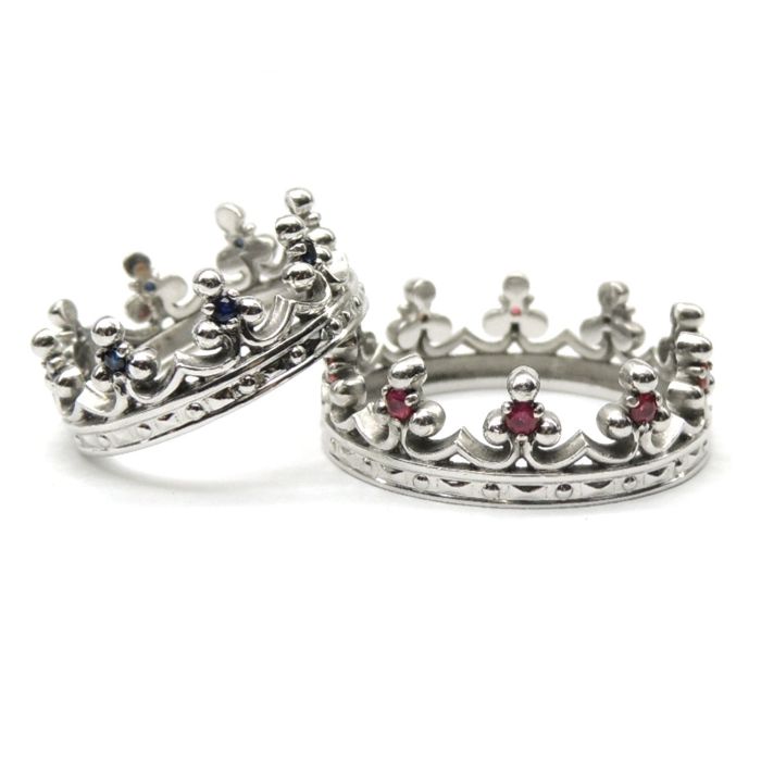 Обручальные «Короны» из серебра с сапфирами и рубинами