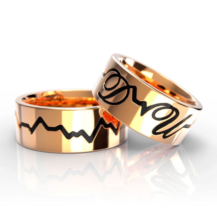 Обручальные парные кольца «Кардиограмма» из красного золота