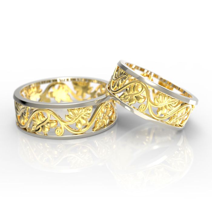 Парные обручальные кольца с листьями из красного золота