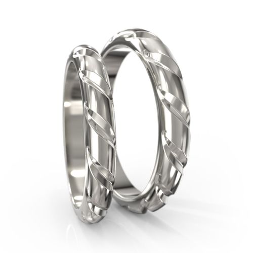 Парные обручальные кольца из белого золота с рельефной поверхностью