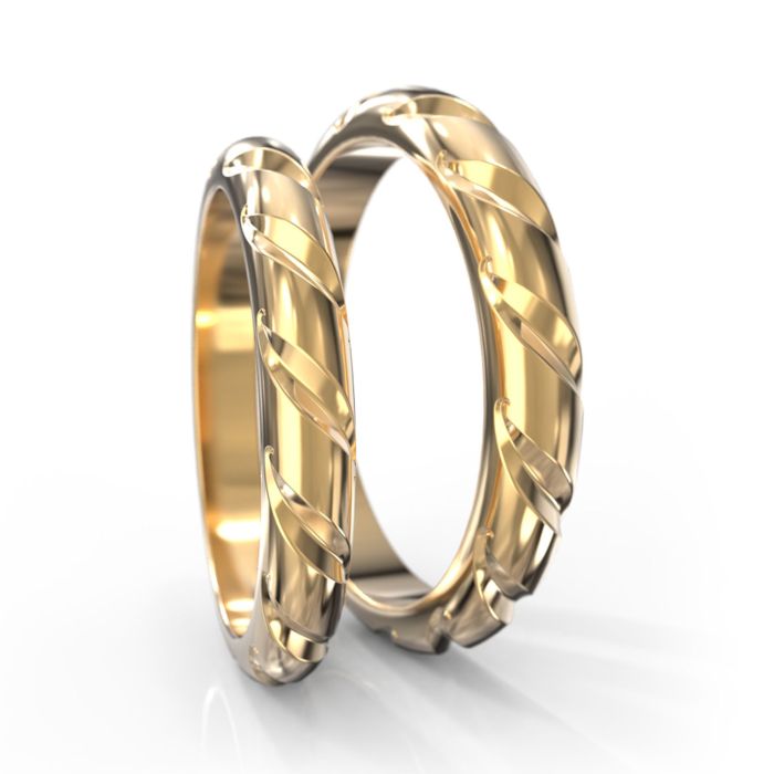 Парные обручальные кольца из желтого золота с рельефной поверхностью