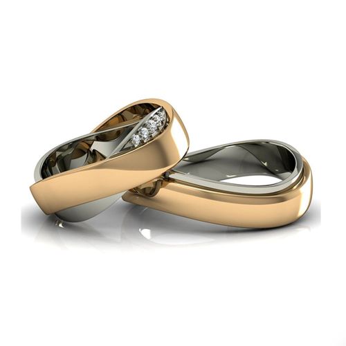 Обручальные кольца волнистой формы из комбинированного золота с бриллиантами