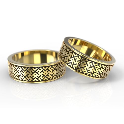 Обручальные кольца с символикой из желтого золота и чернением