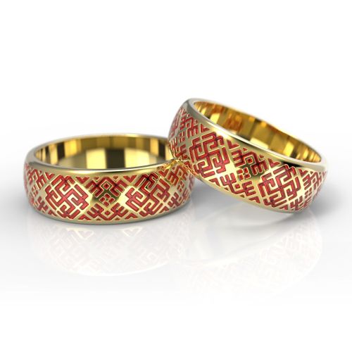 Обручальные кольца из желтого золота с красной эмалью