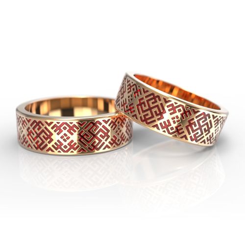 Парные обручальные кольца с символикой из красного золота и эмалью