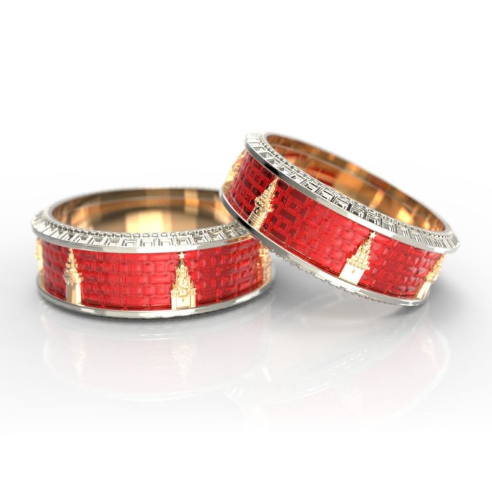 Обручальные кольца с объемными башнями Кремля из комбинированного золота с красной эмалью