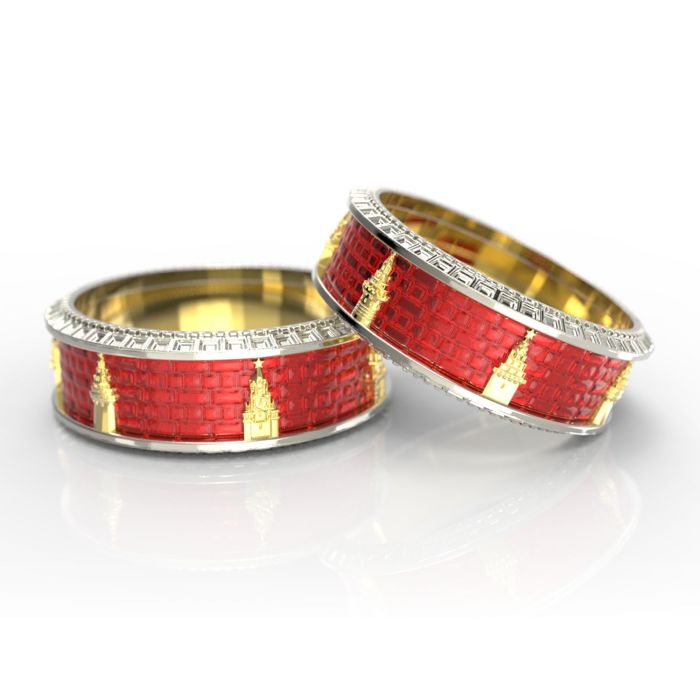 Обручальные кольца с объемными башнями Кремля из белого золота с красной эмалью