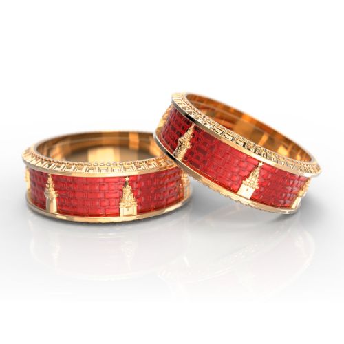 Обручальные кольца с объемными башнями Кремля из красного золота с красной эмалью