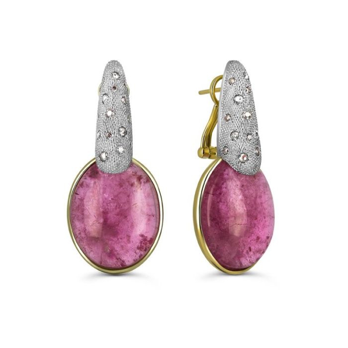 Золотые серьги с рубеллитом огранки кабошон