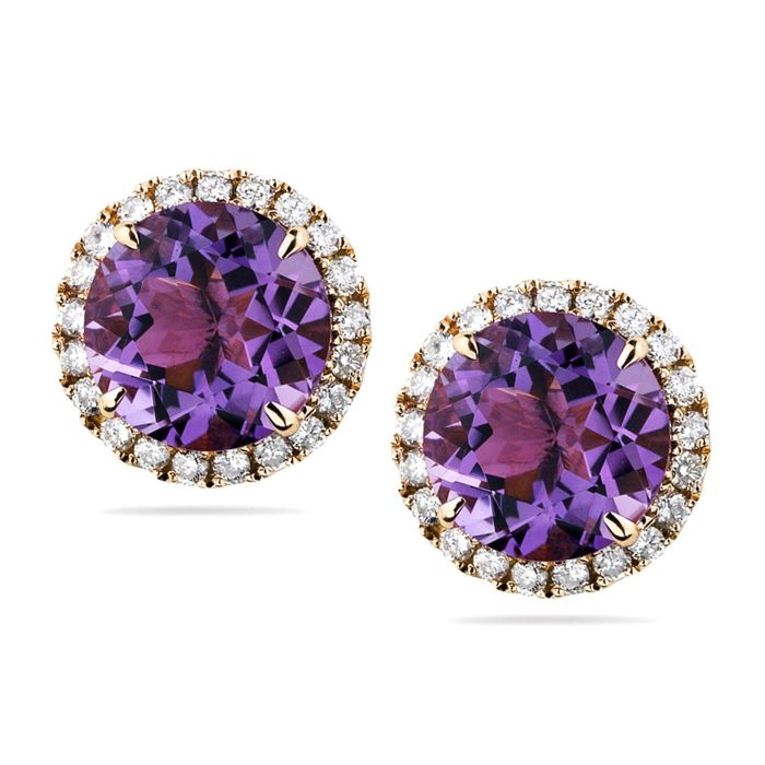 Золотые серьги-гвоздики с большим круглым аметистом круглой огранки S-52