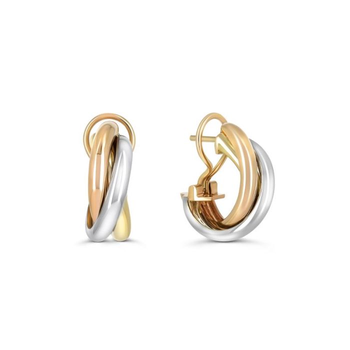 Гладкие серьги trinity из сплетения трех видов золота