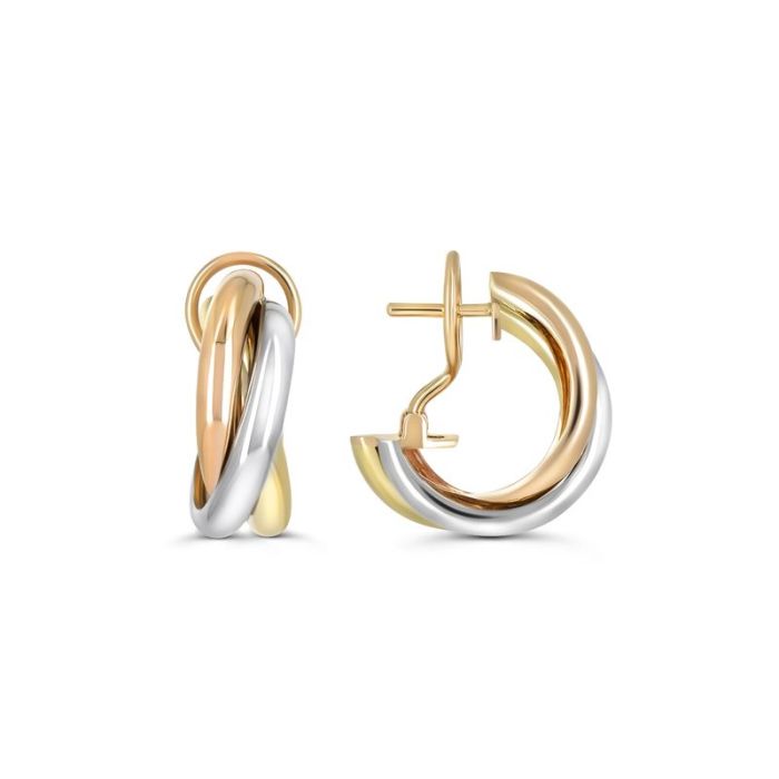 Гладкие серьги trinity из сплетения трех видов золота