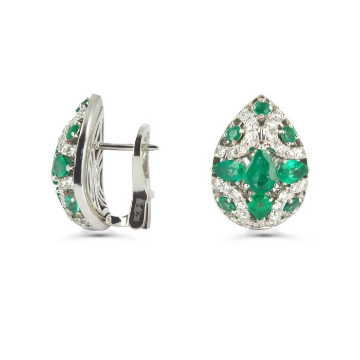Золотые серьги каплевидной формы с изумрудами и бриллиантами