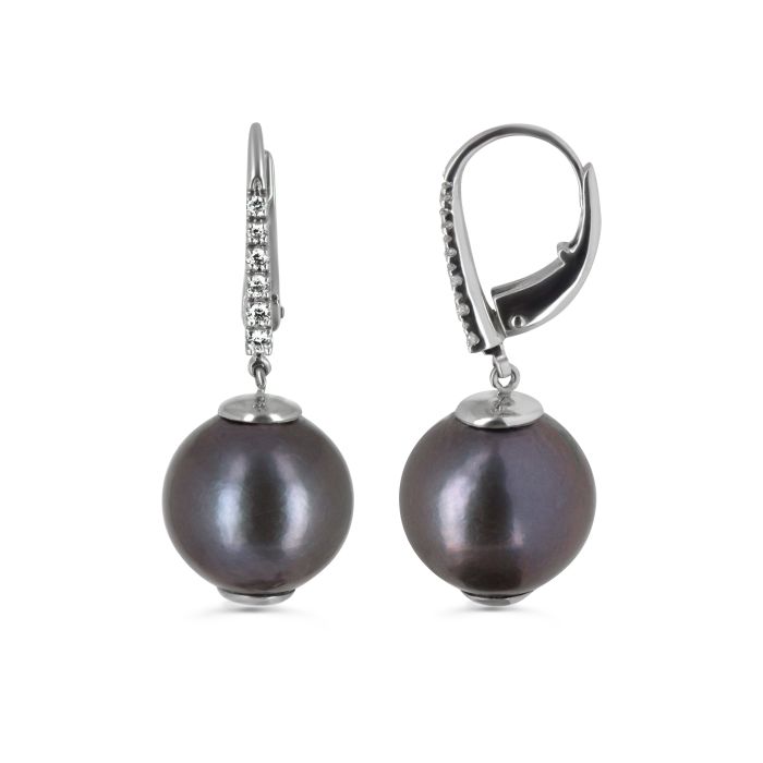 Серьги с  черным жемчугом и бриллиантами с черным жемчугом из белого золота