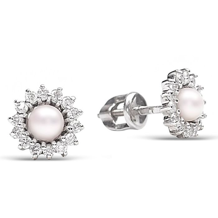 Золотые серьги-гвоздики круглой формы с жемчугом и бриллиантами s-36