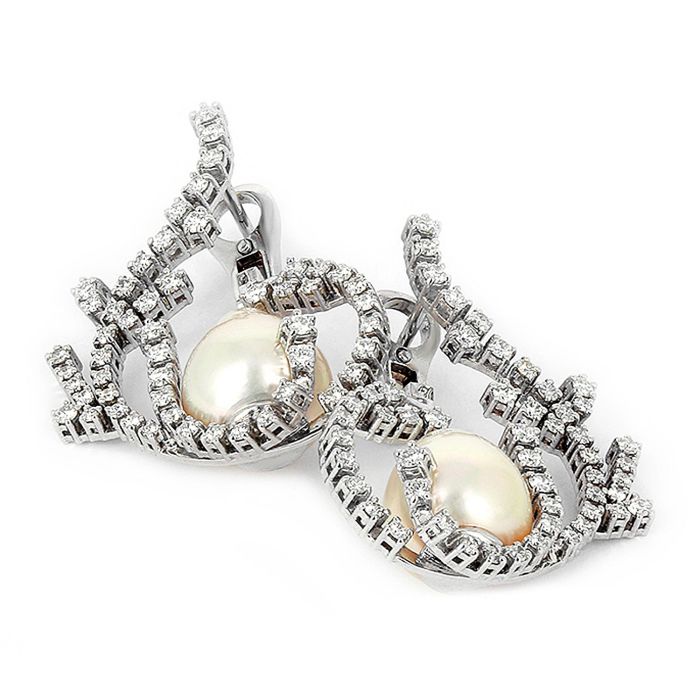 Золотые серьги с жемчугом и бриллиантами С-16