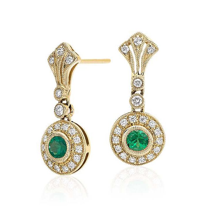 Золотые этнические серьги-подвески с изумрудом и бриллиантами С-25