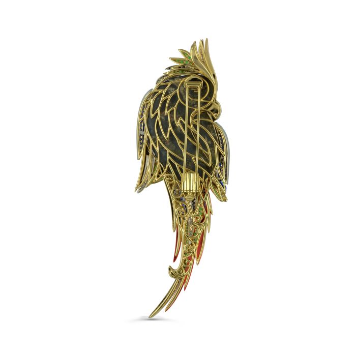 Брошь попугай из желтого золота с опалом
