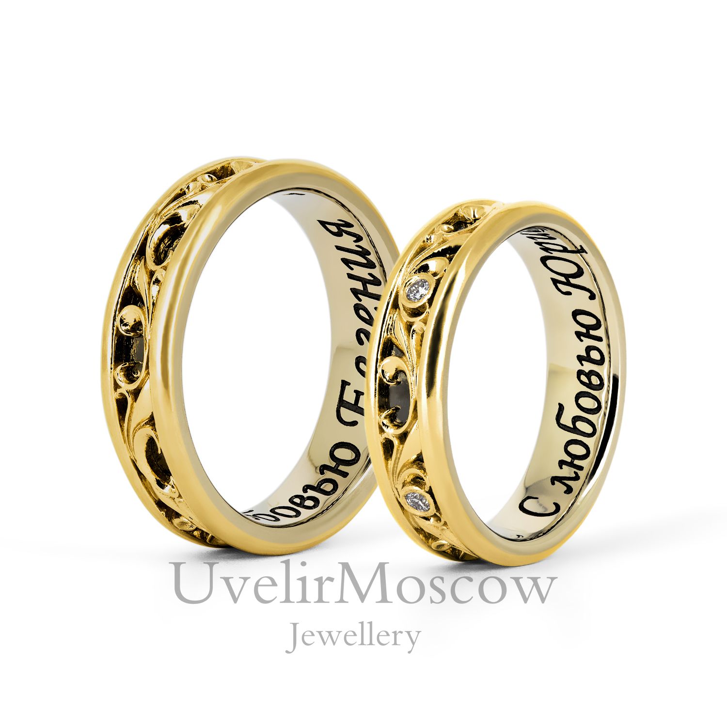 Оригинальные парные обручальные кольца из комбинированного золота с бриллиантами