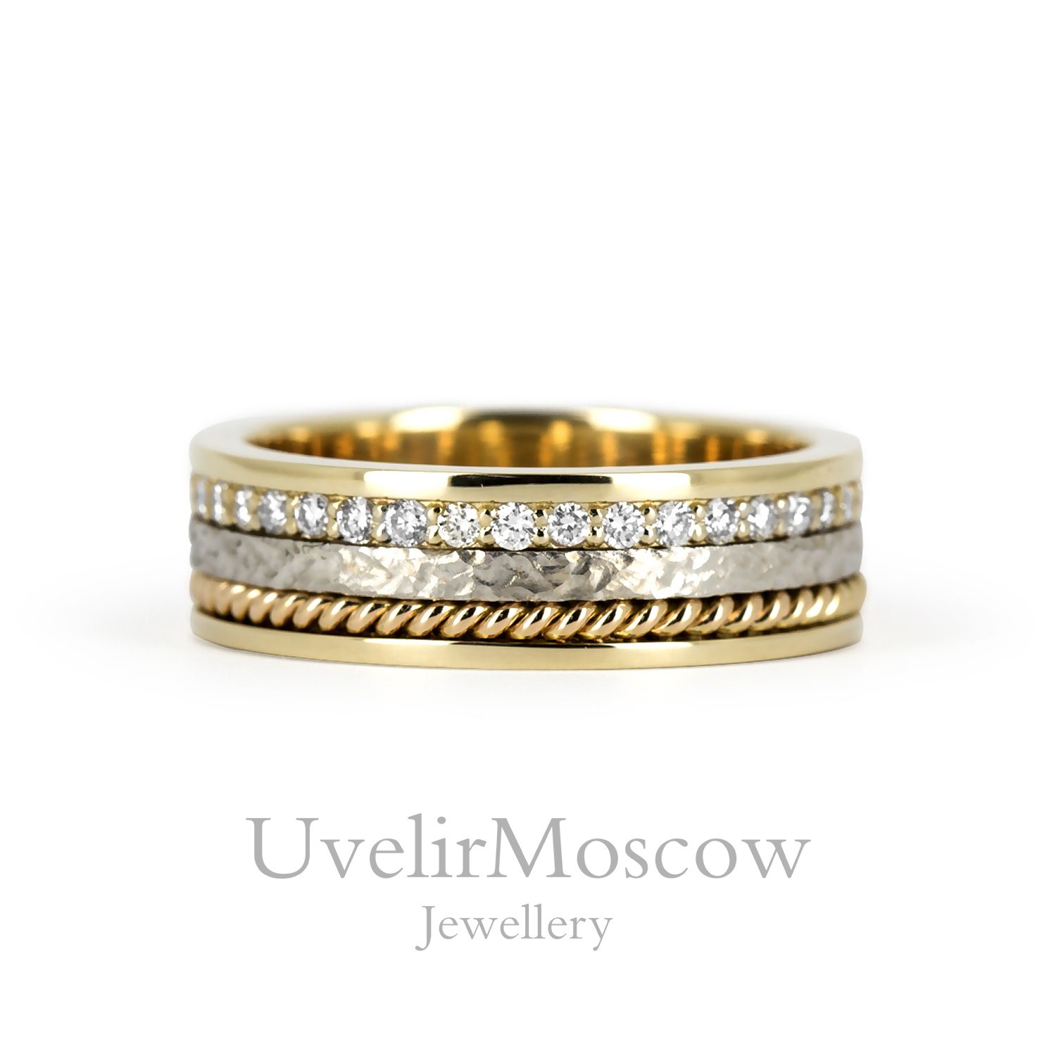 Кольца из трех цветов золота с филигранью и бриллиантами