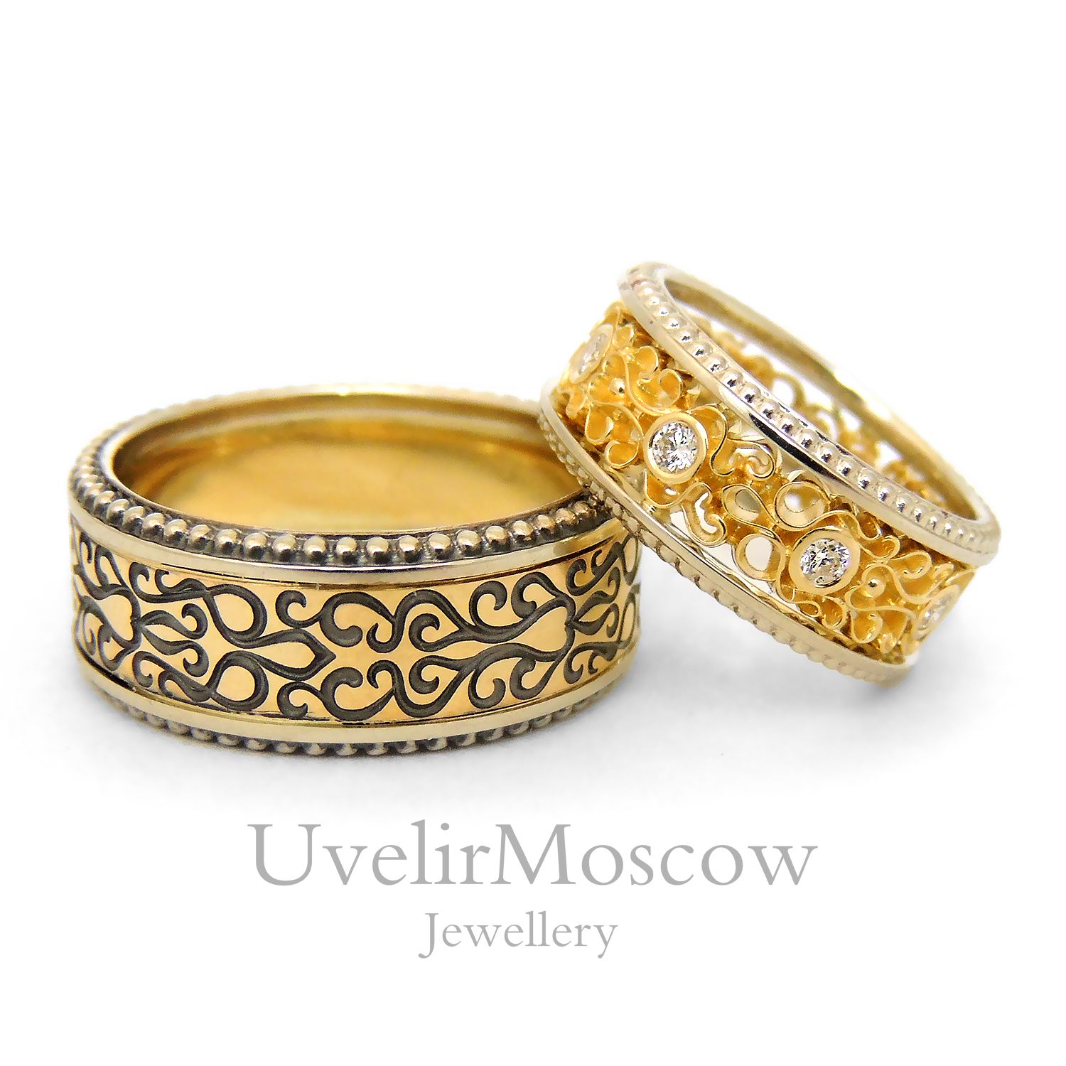 Широкие обручальные кольца из комбинированного золота с орнаментом