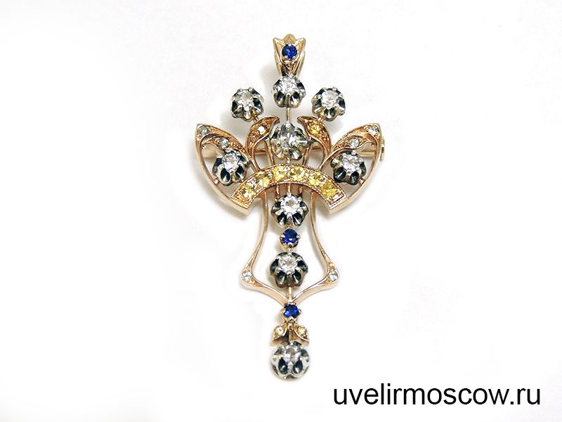 Брошь-подвеска из красного золота с цветными сапфирами и топазами