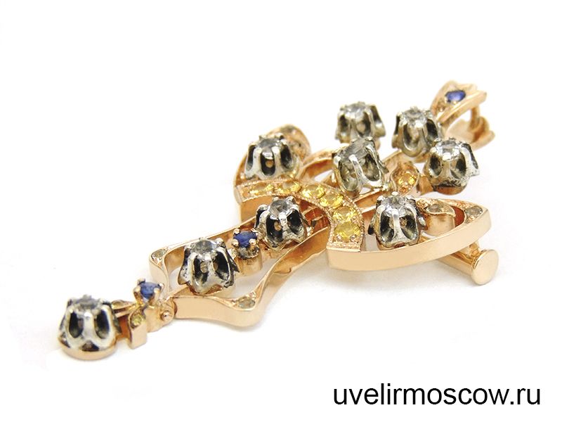 Брошь-подвеска из красного золота с цветными сапфирами и топазами