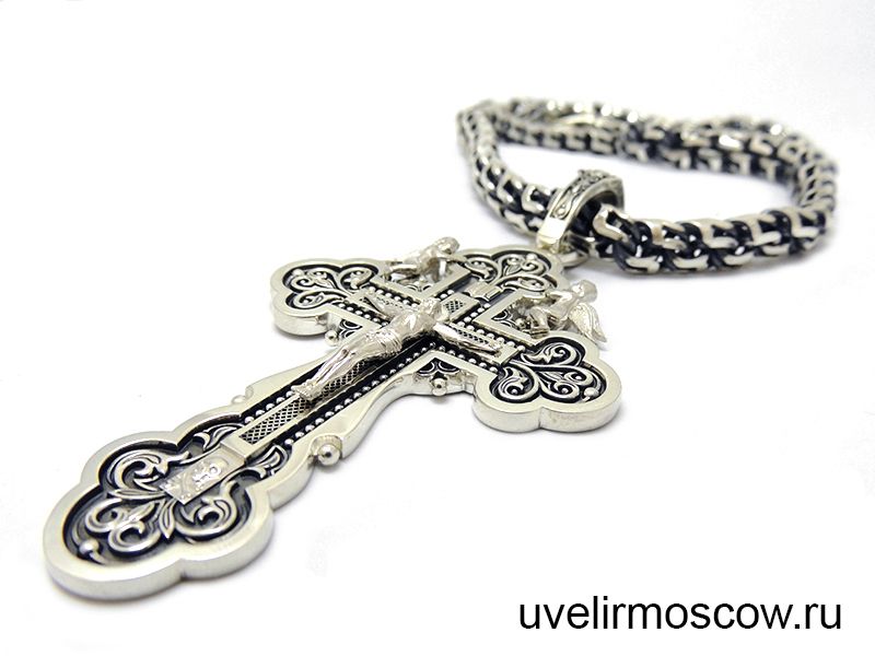Цепочка плетения бисмарк с крестом «Распятие» из черненого серебра