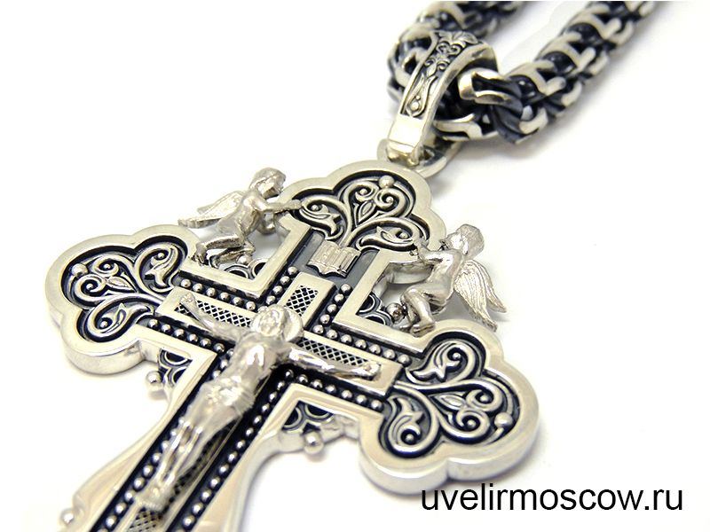 Цепочка плетения бисмарк с крестом «Распятие» из черненого серебра